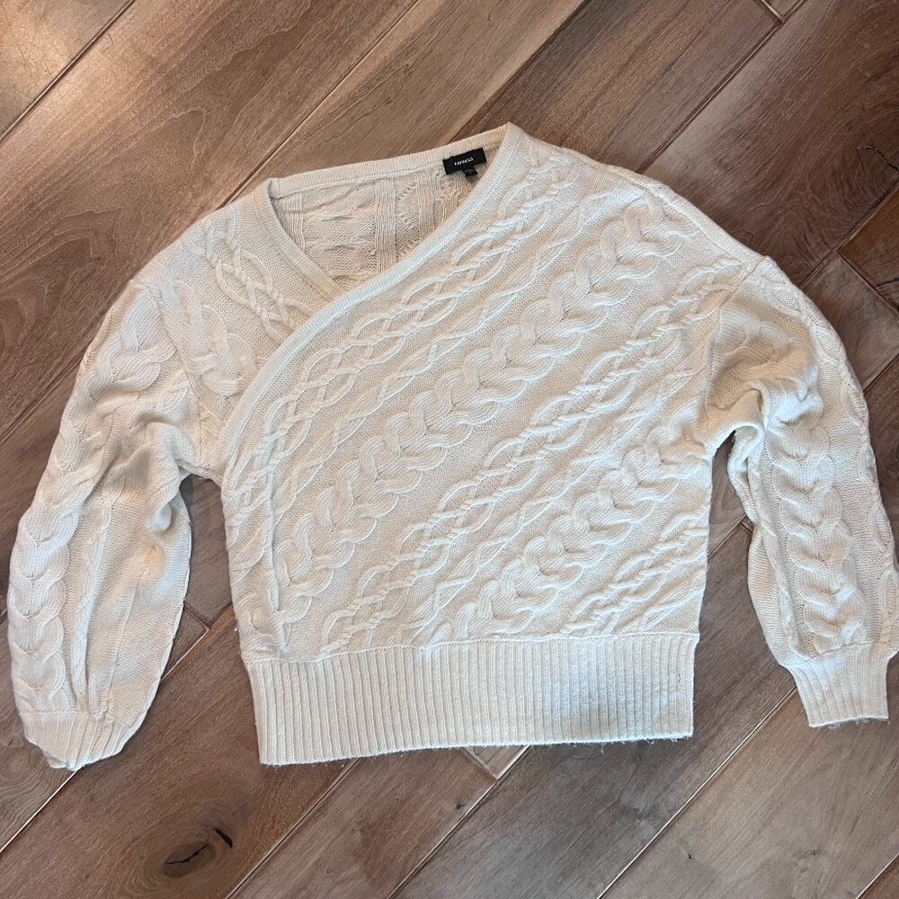 Women's Express Cable Asymmetrical Neck Sweater, Cream, Size Medium